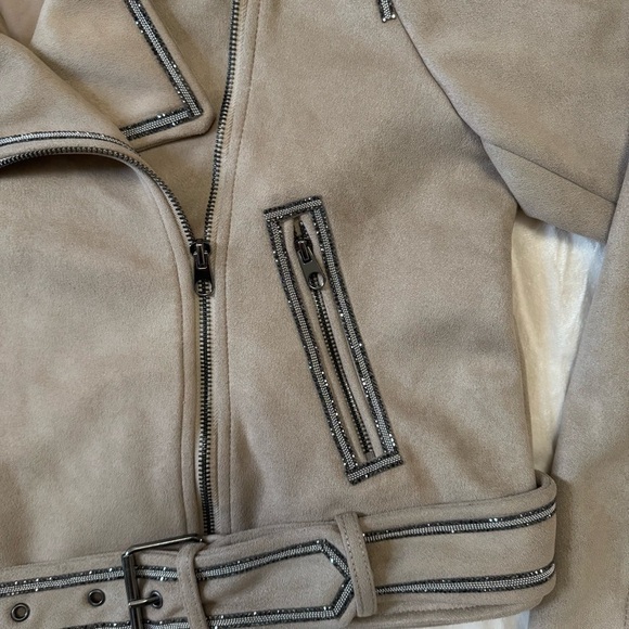 Zara Faux Suede Moto Jacket with Rhinestone Trim & Belt - Picture 8 of 11